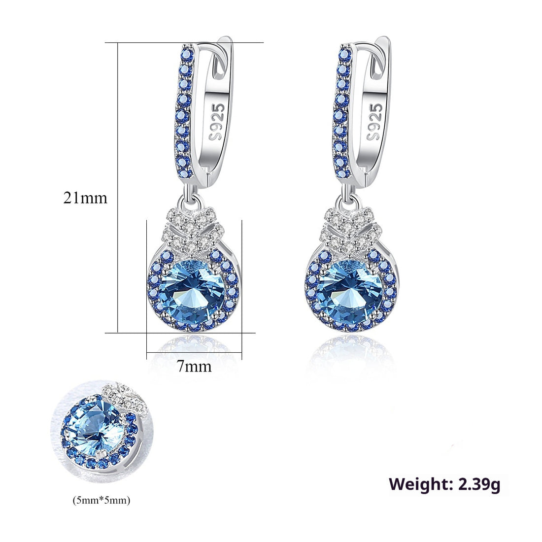 NEW Sky Blue Earrings S925 Silver Ear Clip Colored Gems Women