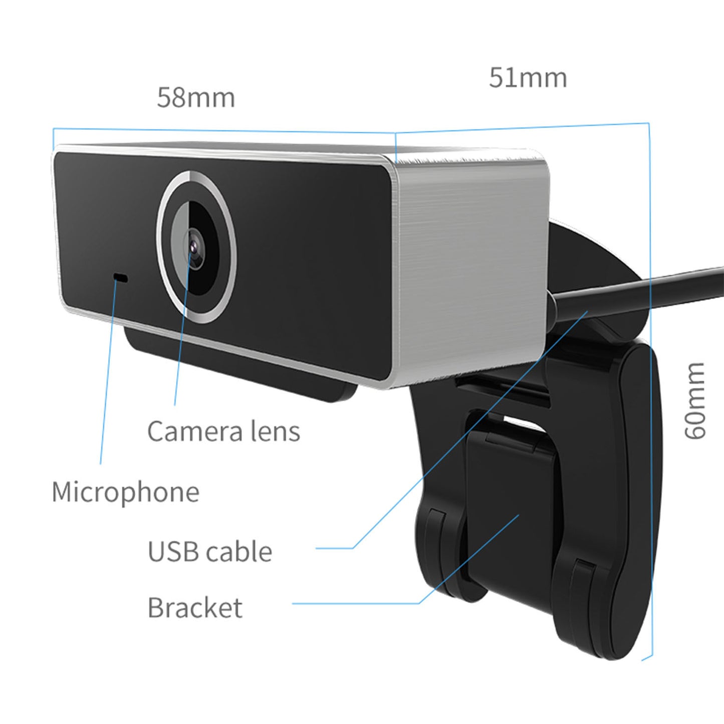 Compact webcam with camera lens, built-in microphone, USB cable, and adjustable bracket with dimensions