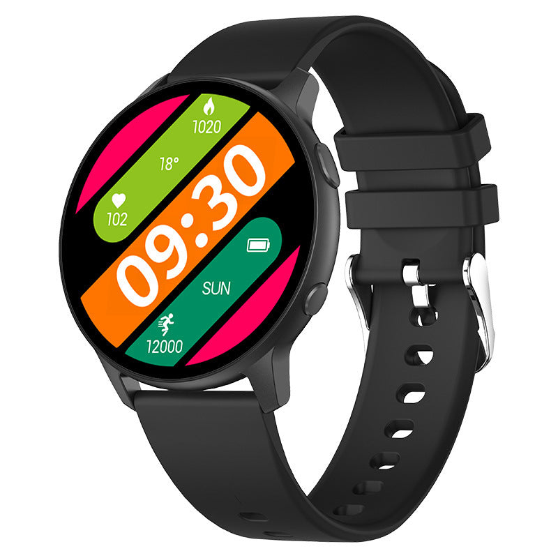 Black round fitness smartwatch with colorful digital display showing time, heart rate, steps, calories, and battery