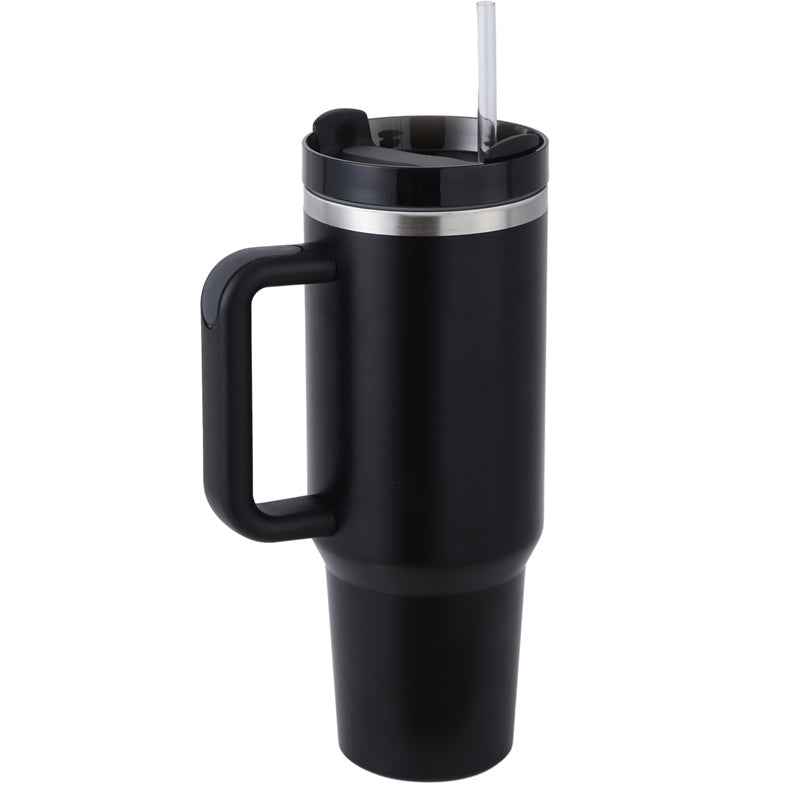 Matte black insulated travel mug with handle, lid, and clear straw against white background