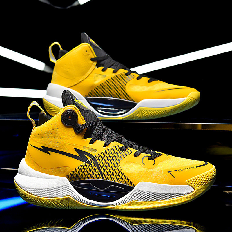 Pair of yellow and black basketball sneakers with white soles, lightning bolt design, displayed on reflective surface