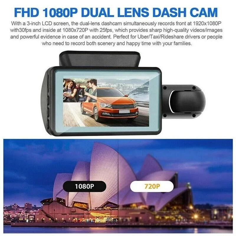 FHD 1080P dual lens dash cam with 3-inch LCD showing front and inside views, comparison of 1080P vs 720P resolution