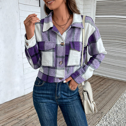 NEW Plaid Lapel Cropped Jacket With Pockets Fashion Button Long Sleeve Short Outwear Tops Coat For Womens Clothing