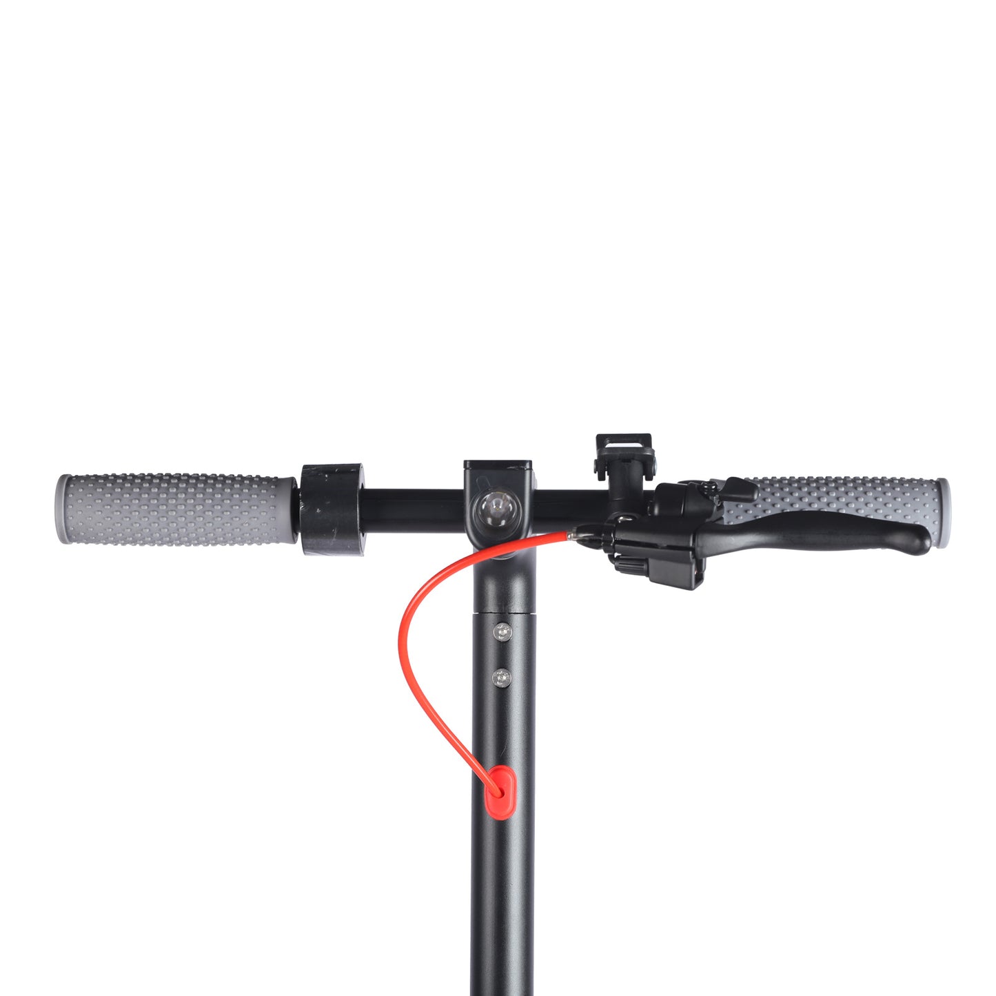 Black electric scooter handlebar with gray textured grips and red brake cable on white background