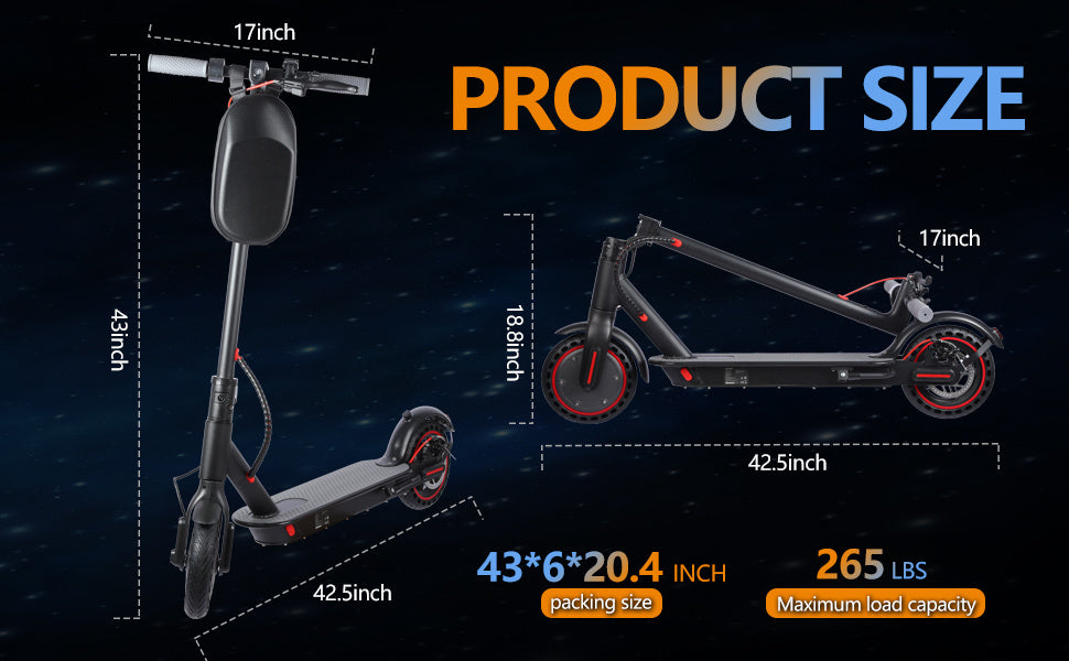 Black electric scooter with red accents, dimensions 43x17 inches standing, 42.5x18.8 inches folded