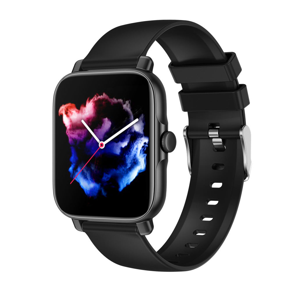 Black smartwatch with silicone strap displaying colorful abstract purple, pink, and blue cloud on screen
