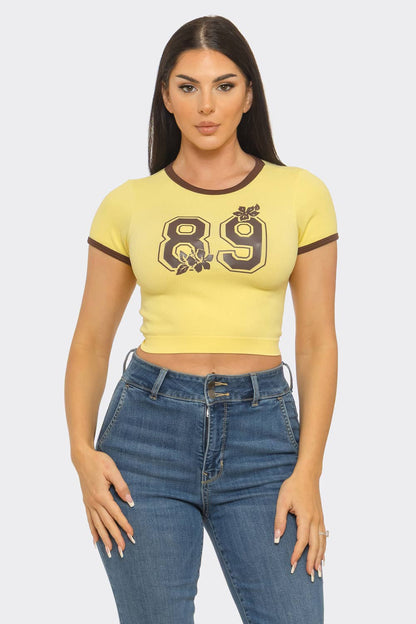 Seamless Contrast Binding "89" Screen Print Top