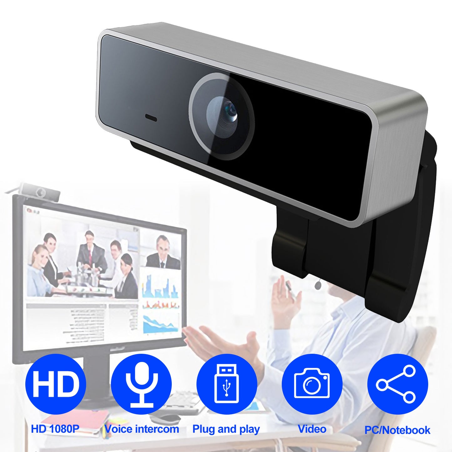 HD 1080P USB webcam with voice intercom, plug and play, video camera for PC and notebook