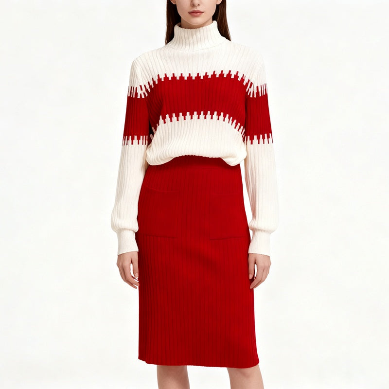 Women’s Color-Block Knit Sweater & Skirt Set – 2-Piece Winter Outfit with Pocket Skirt