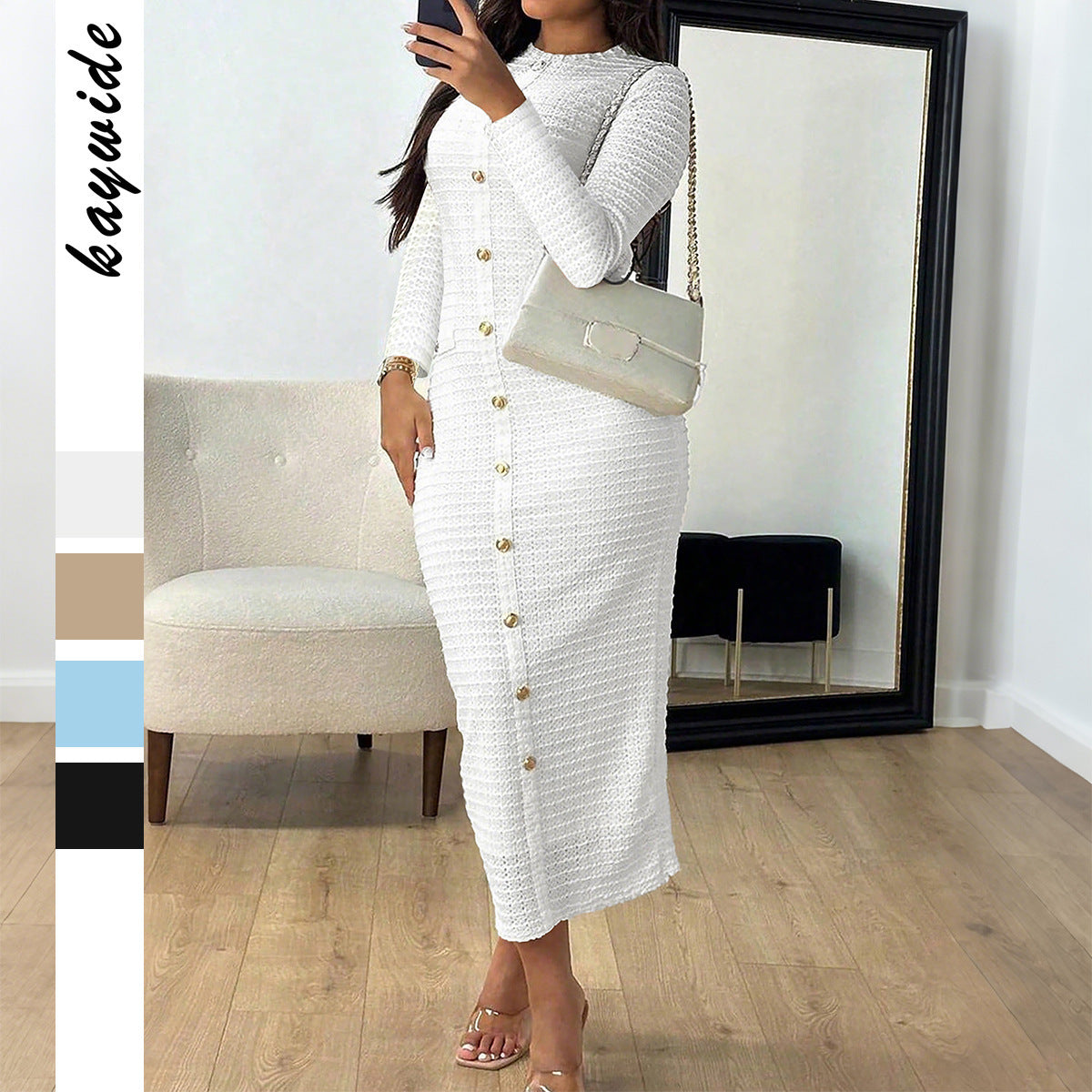 Woman in white textured button-down midi dress with beige handbag and transparent heels in stylish room
