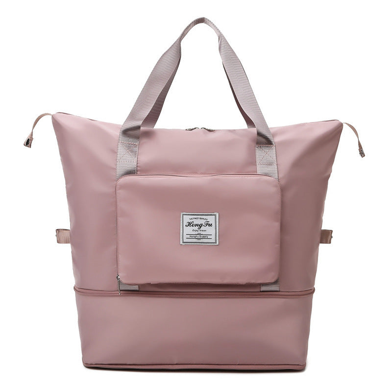 pink large tote bag with front pocket and dual handles, stylish travel or shopping accessory
