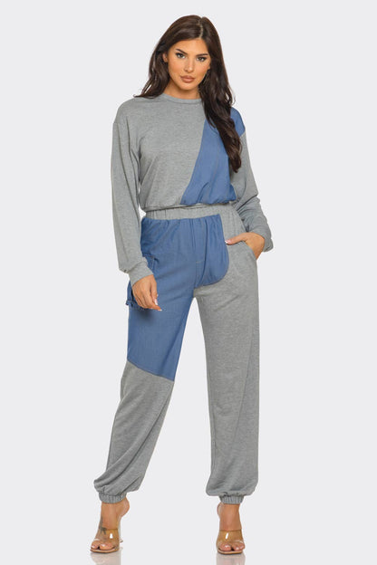 French Terry Color Block Denim Detail Top Pockets Pants Set