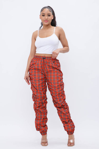 Plaid Print Wind Breaker Drawstring Shirring Jogger Pants