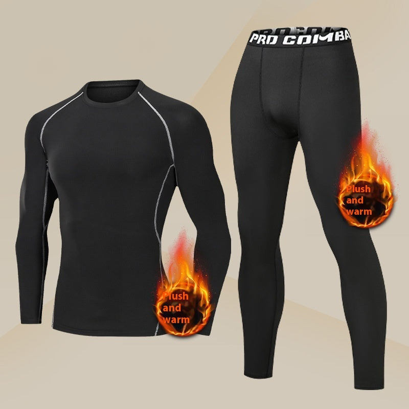 Black thermal compression long-sleeve shirt and pants with plush, warm fabric details and white stitching