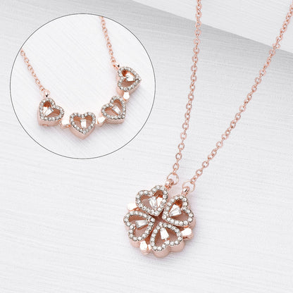NEW Retro Magnetic Folding Heart Shaped Four Leaf Clover Pendant Necklace Women Love Clavicle Chain Gifts Openable Choker Jewelry