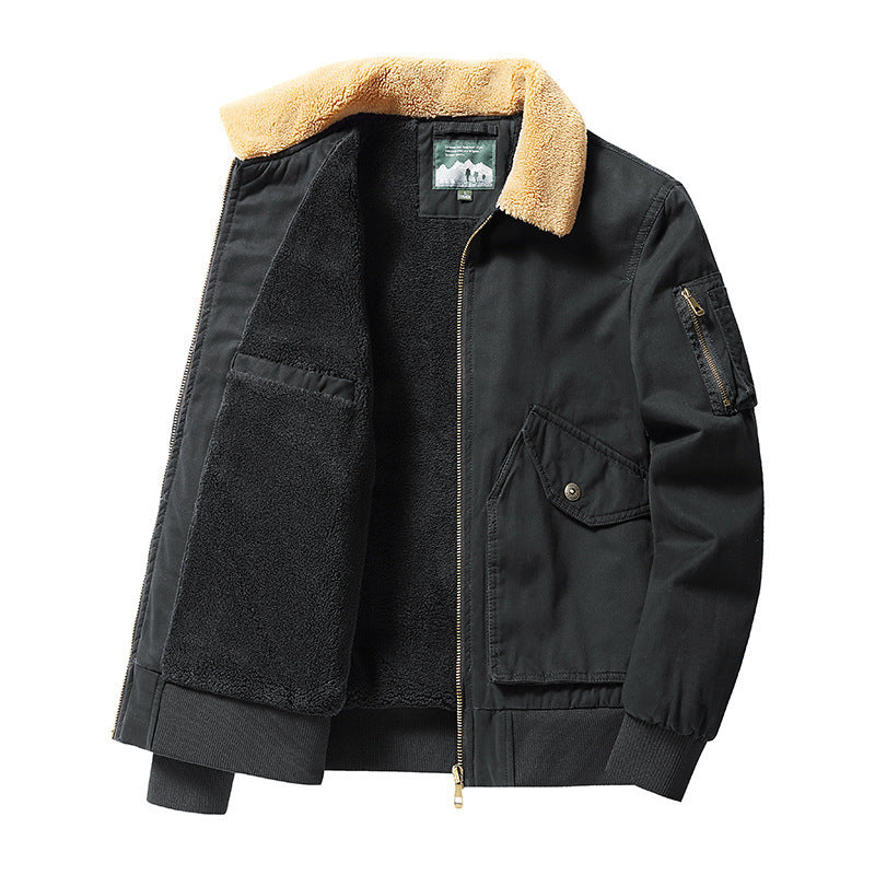 Black bomber jacket with tan faux shearling collar and black fleece lining, zippered sleeve pocket, and front flap pocket
