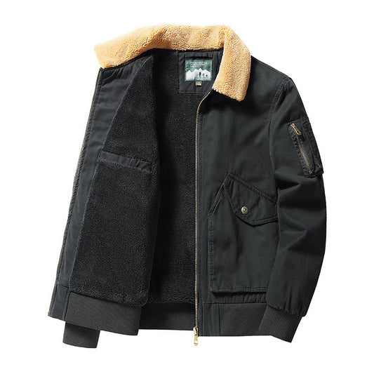 Black bomber jacket with tan faux shearling collar and black fleece lining, zippered sleeve pocket, and front flap pocket