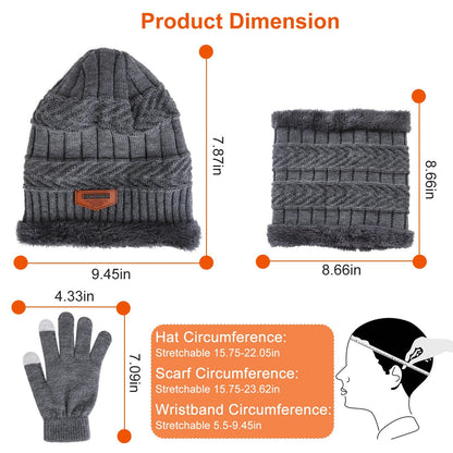 3-in-1 Winter Warm Knitted Hat, Scarf &amp; Touchscreen Gloves Set – Thick Fleece Lined Cold Weather Gear