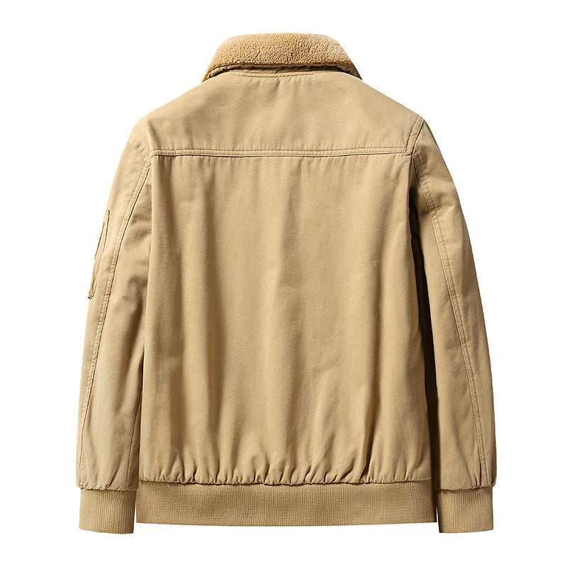 Beige men's jacket with sherpa collar, elastic cuffs, and waistband, back view