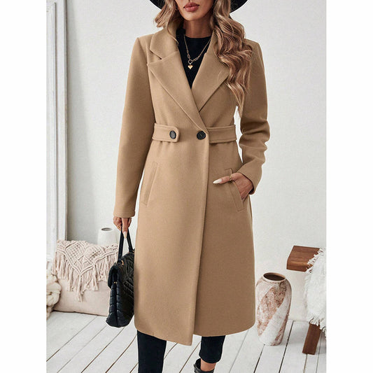 Women's Notch Lapel Trench Coat, Single Breasted Mid-Long Casual Formal Outerwear For Fall Winter