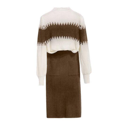 Women’s Color-Block Knit Sweater & Skirt Set – 2-Piece Winter Outfit with Pocket Skirt