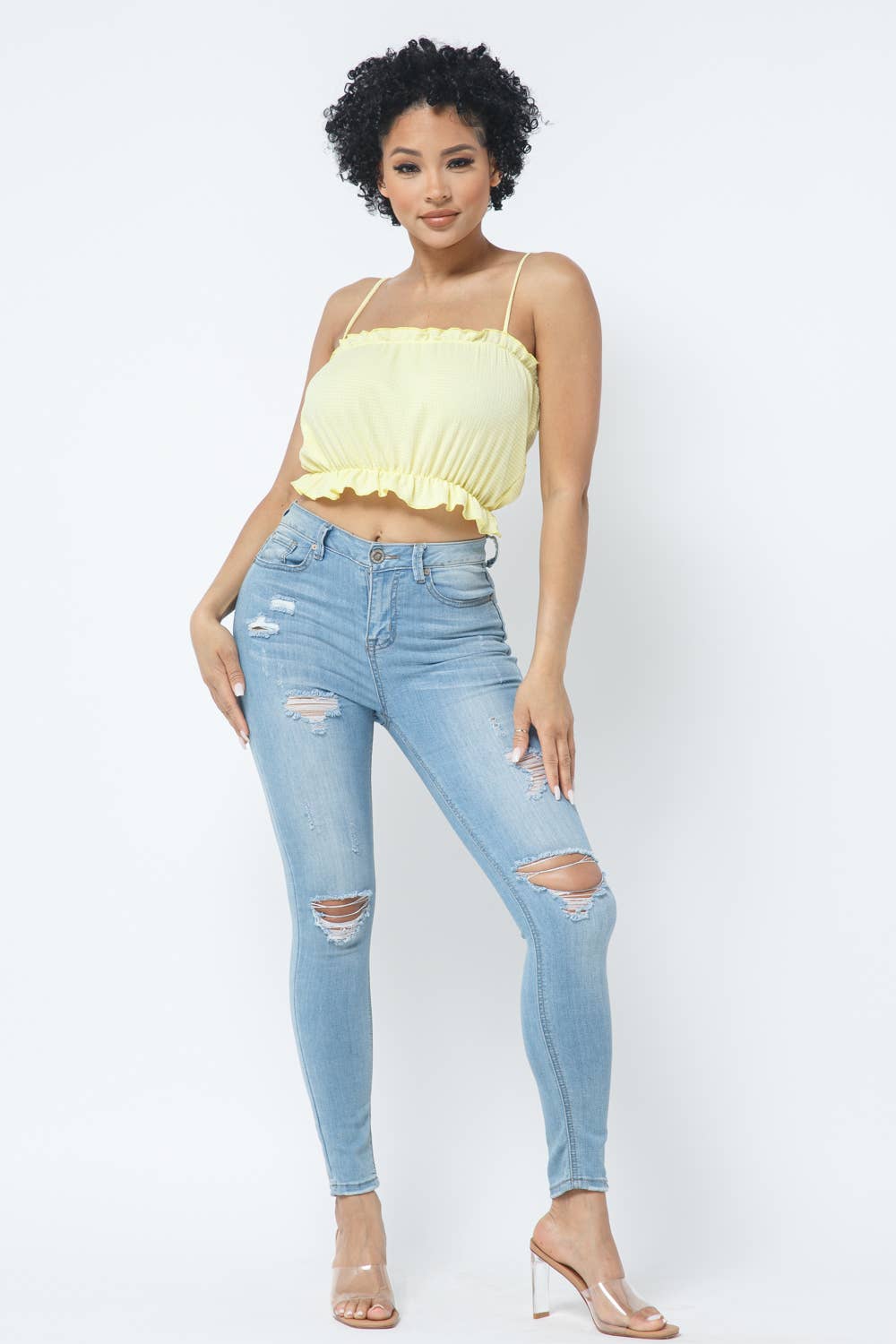 Fancy Knit Sleeveless Shirring Detail Elastic Crop Top