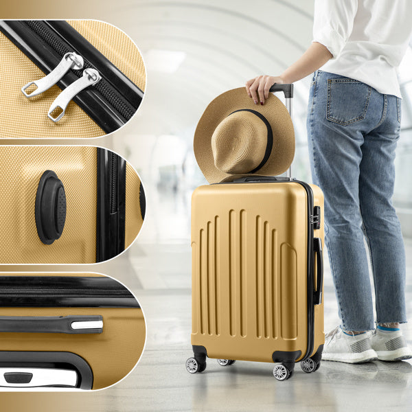 yellow hard-shell suitcase with spinner wheels and hat in modern airport setting, detailed close-ups of zipper and handle