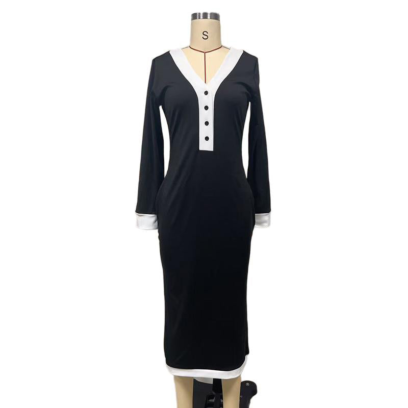 Women's Color Block Maxi Dress, V-Neck Long Sleeve Elegant Casual Dress