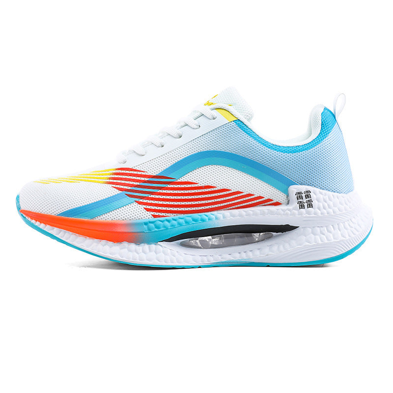 White athletic sneaker with colorful orange, blue, and yellow accents and cushioned sole