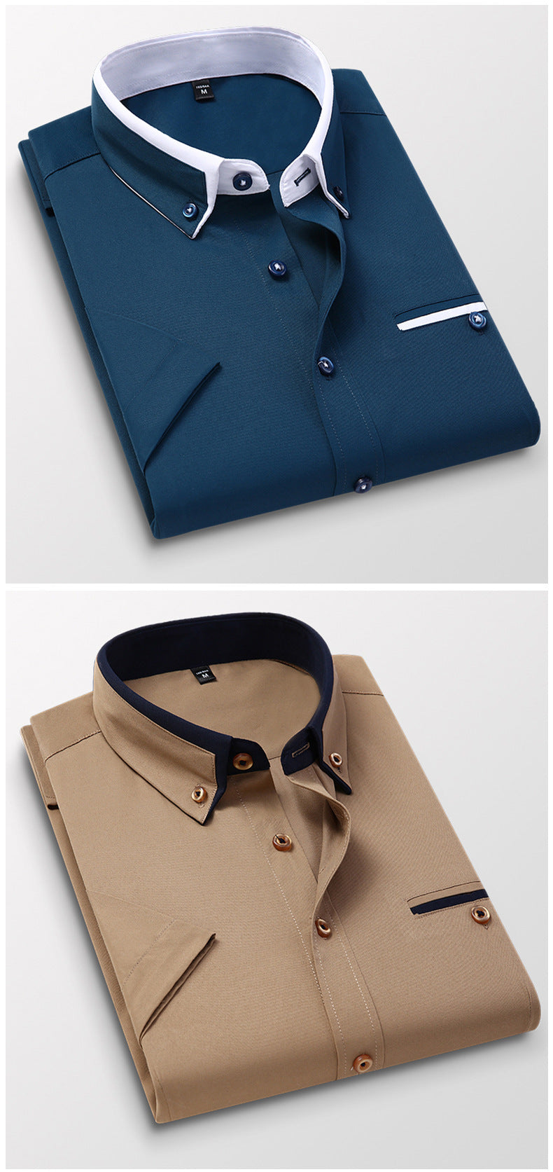 Folded men's short sleeve shirts in navy blue with white collar and beige with dark collar on white background