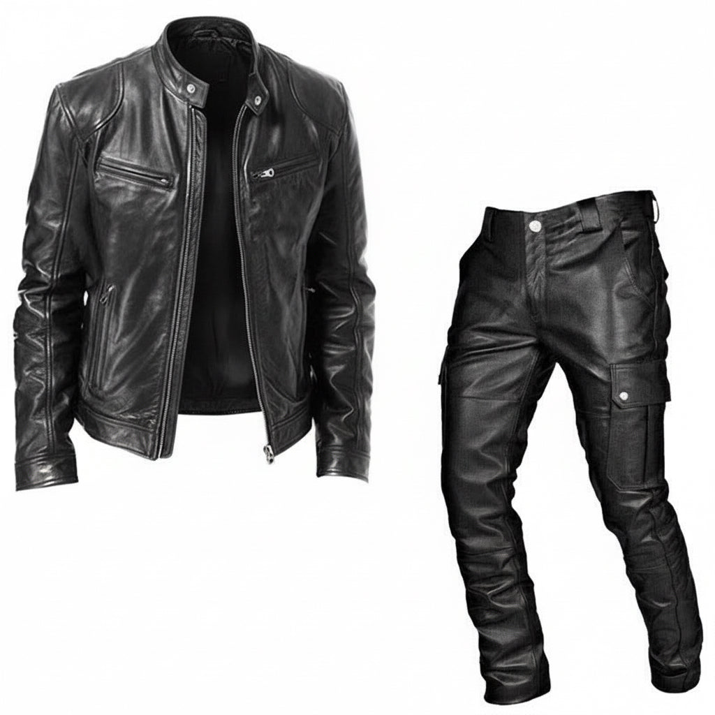 Black leather motorcycle jacket with zippered pockets and black leather cargo pants