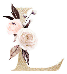 Letter L decorated with pink and white roses and green and brown leaves floral design