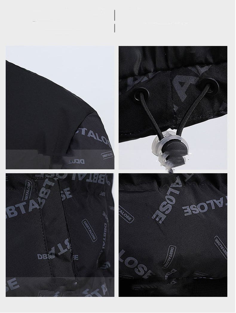 Close-up details of black fabric jacket with black and gray text logo pattern and adjustable drawstring toggle