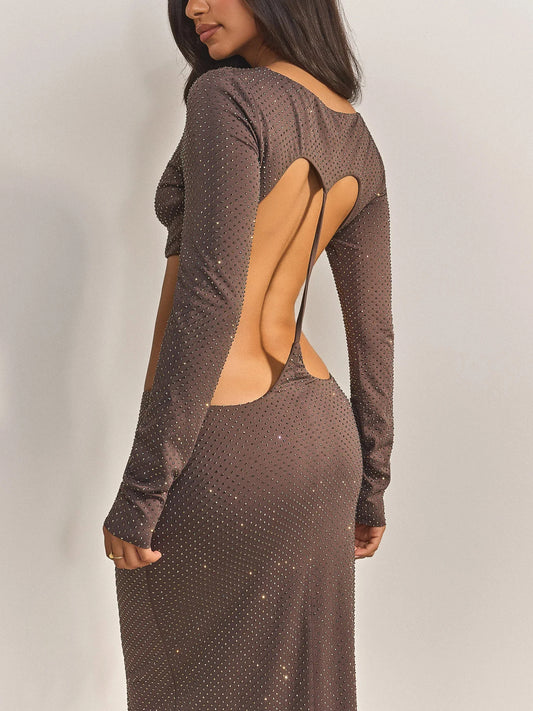 Mocha Rhinestone-Embellished Crop Top Maxi Dress