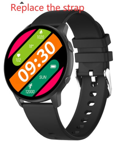 Black smartwatch with colorful digital display showing time, date, heart rate, steps, and battery icon