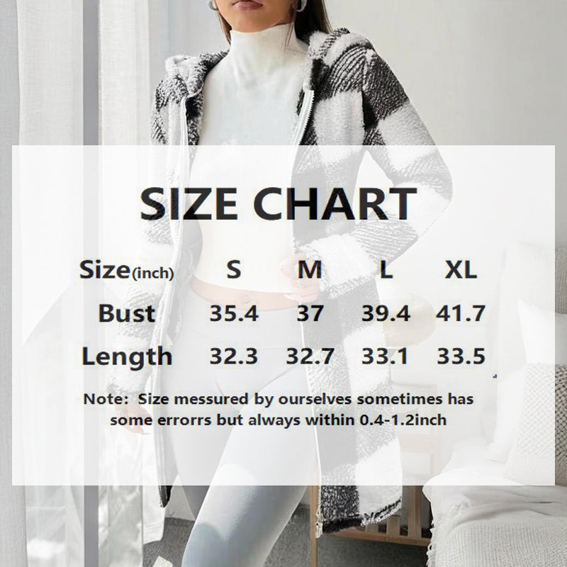 Women's Long Sleeve Plaid Long Hooded Sherpa Coat, Soft Fleece Lined Jacket With Pockets For Winter