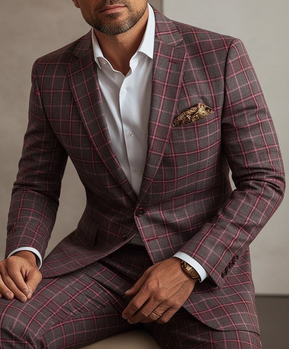 Man wearing gray and red checked suit with white shirt, gold watch, and patterned pocket square