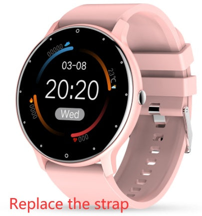 pink round smart watch with fitness tracking display and soft silicone replacement strap