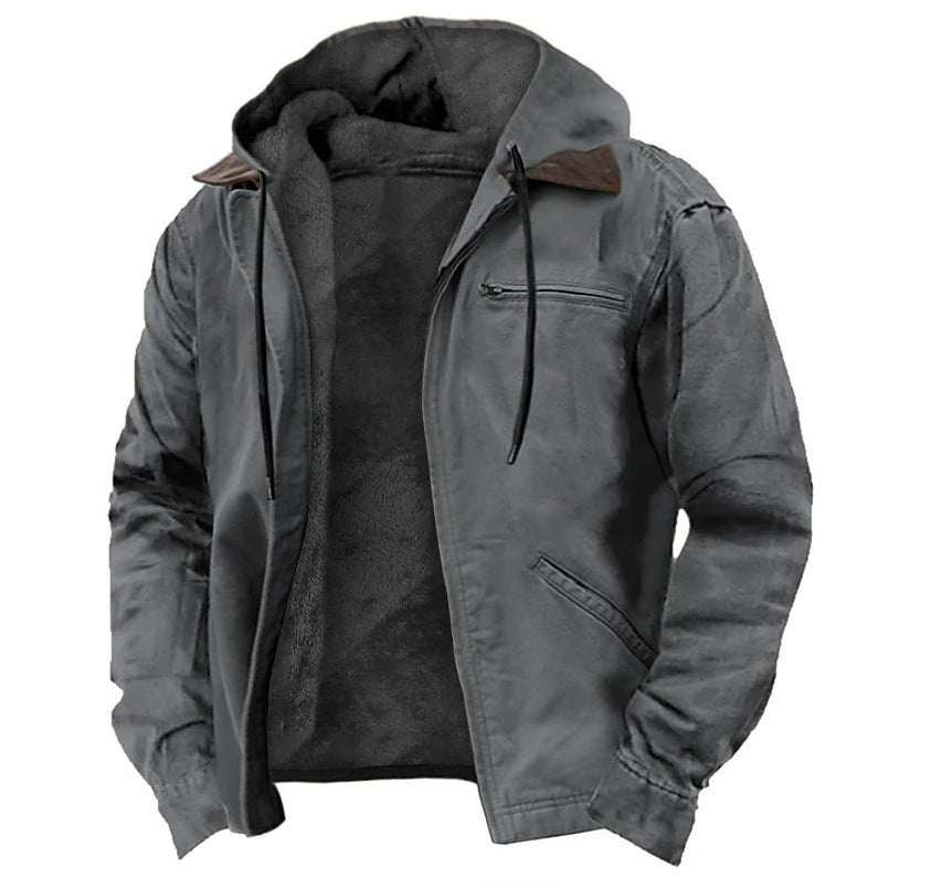 gray leather jacket with hood and black drawstrings, brown collar accents, and zippered pockets