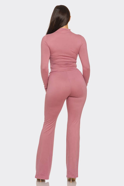 Mock Neck Shirring Top And Flare Leggings Set