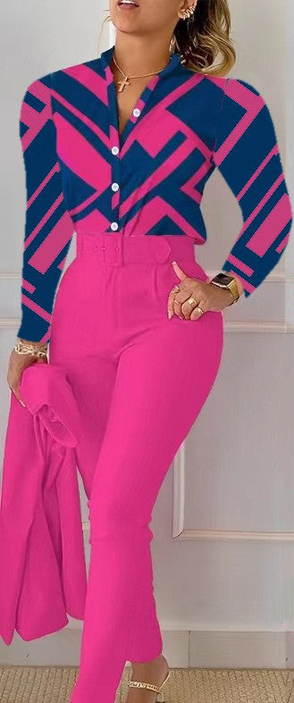 NEW Printed Long-sleeved Top Solid Color Pants Suit With Belt