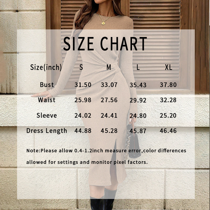 Size chart overlay on woman wearing beige knit bodycon dress with side slit and black boots