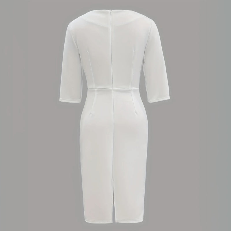 Elegant Pearl-Embellished Formal Dress for Women – Flattering Round Neck, Slit Sleeves & Seamless Back Zipper