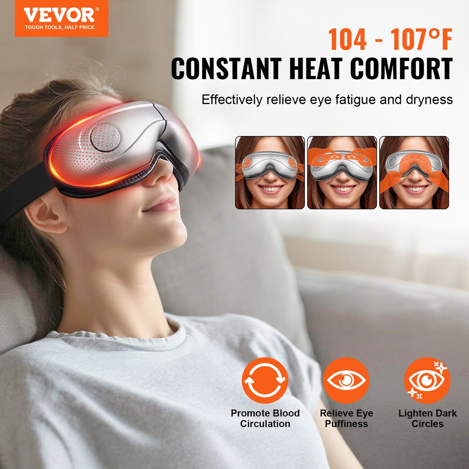 Heated Eye Massager with Air Pressure, Heat, Vibration &amp; Bluetooth Music – 5 Massage Modes, Rechargeable Eye Care Device