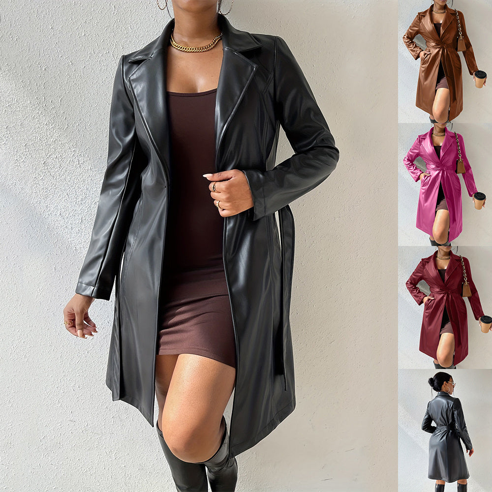 NEW Long Sleeve Lapel PU Leather Jacket With Pockets Slim Fit Long Trench Coat Women&