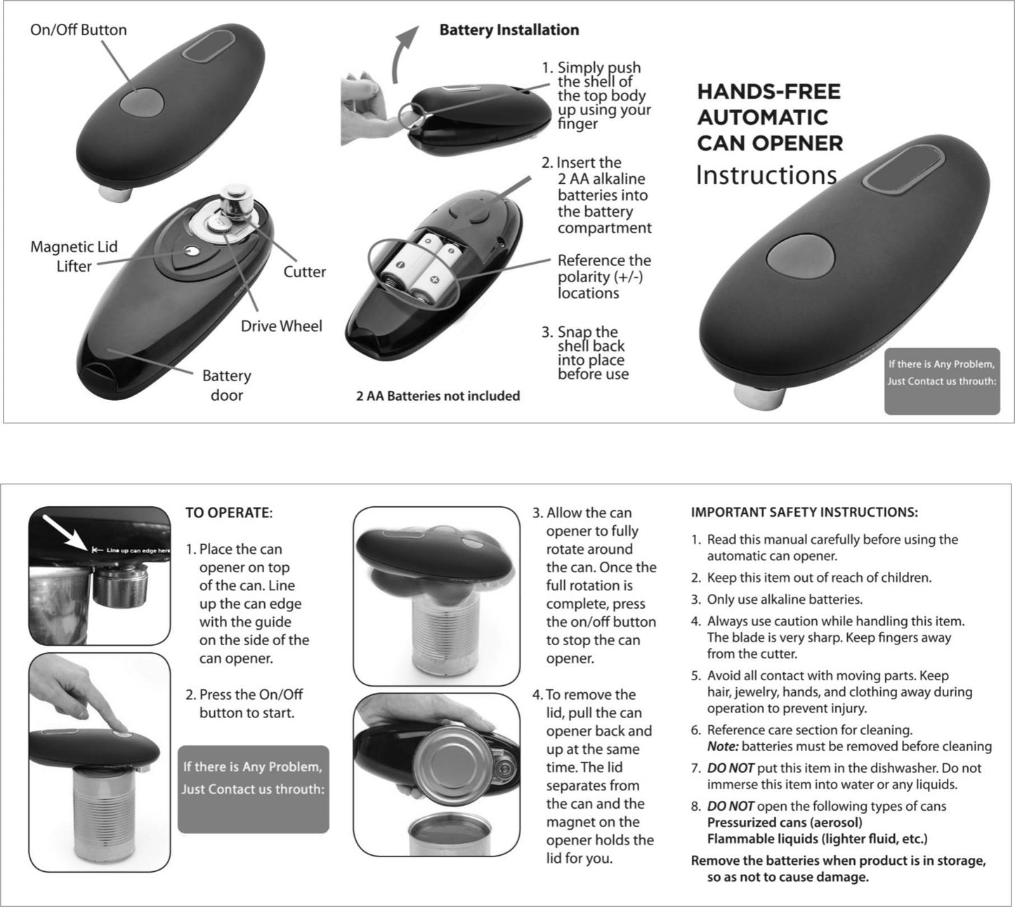 Hands-free automatic can opener with on/off button, magnetic lid lifter, battery installation instructions, and safety tips
