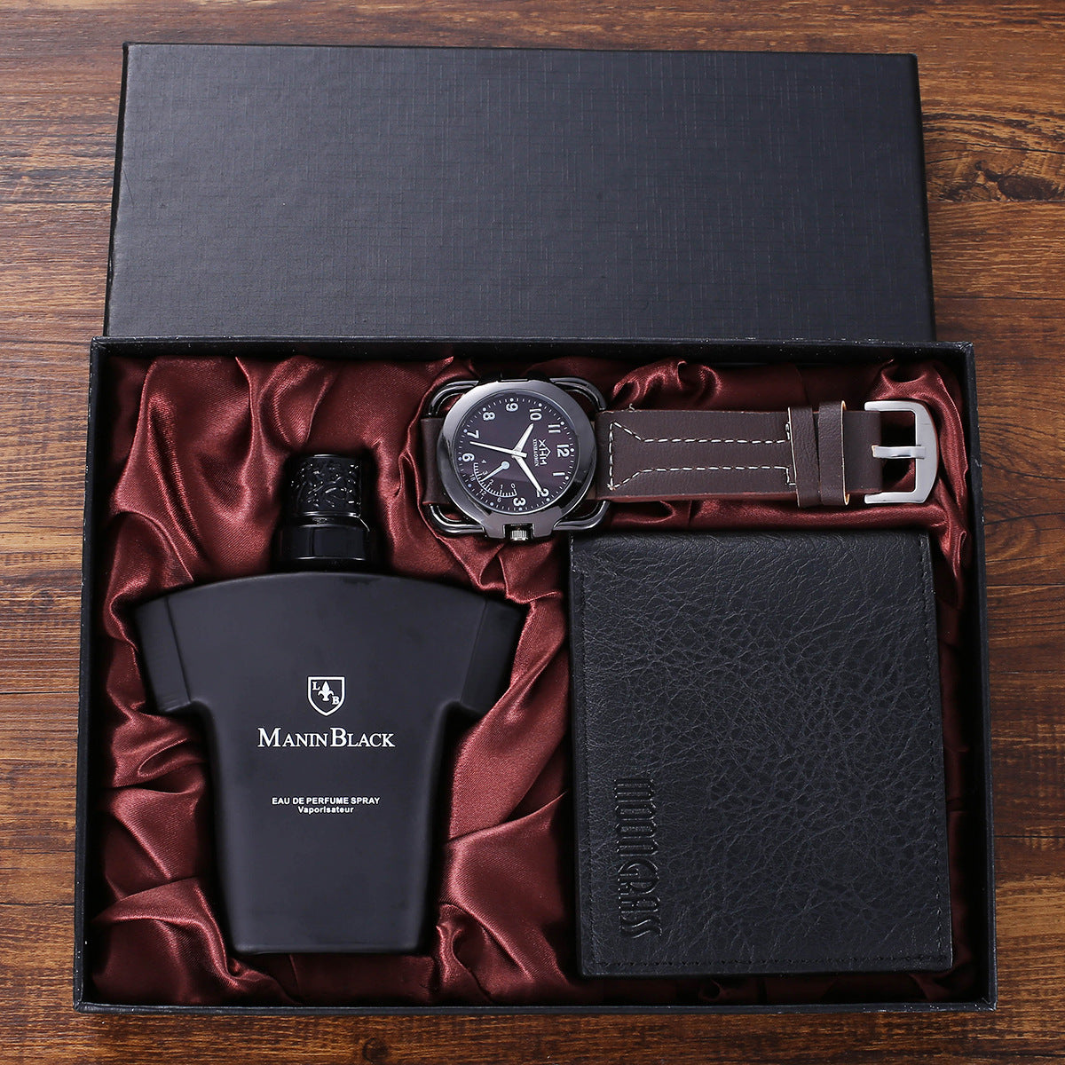 Men's gift set with Manin Black eau de parfum, brown wristwatch, and black leather wallet in box