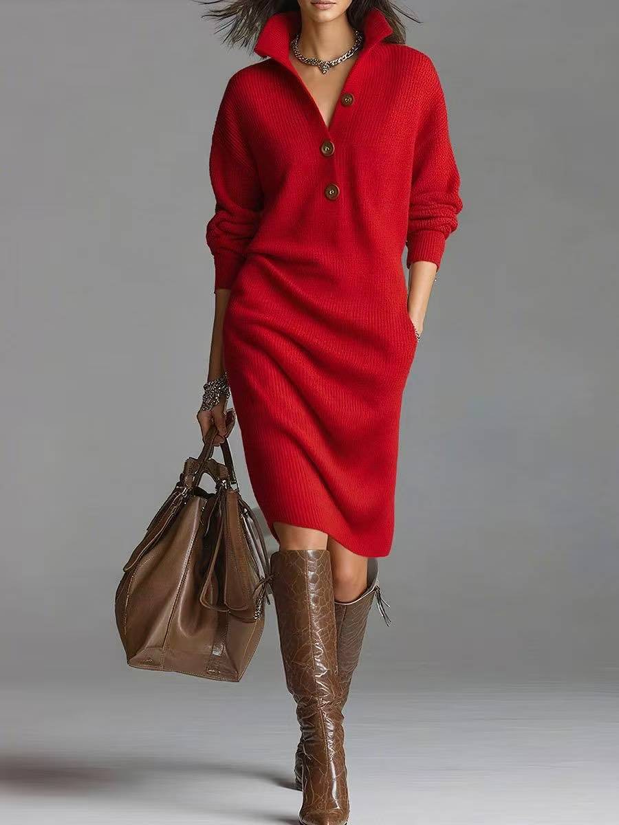 Woman wearing a red knit sweater dress with buttons, brown knee-high boots, and carrying a large brown leather handbag
