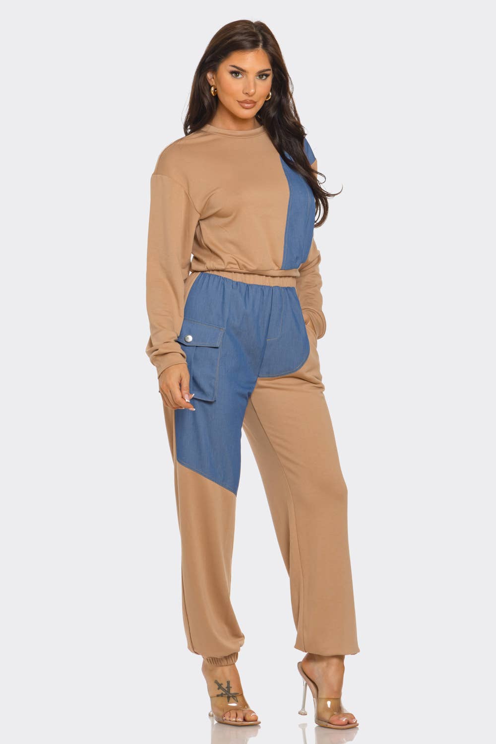 French Terry Color Block Denim Detail Top Pockets Pants Set