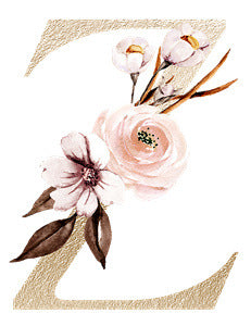 Decorative letter Z with pink and white flowers and golden textured accents